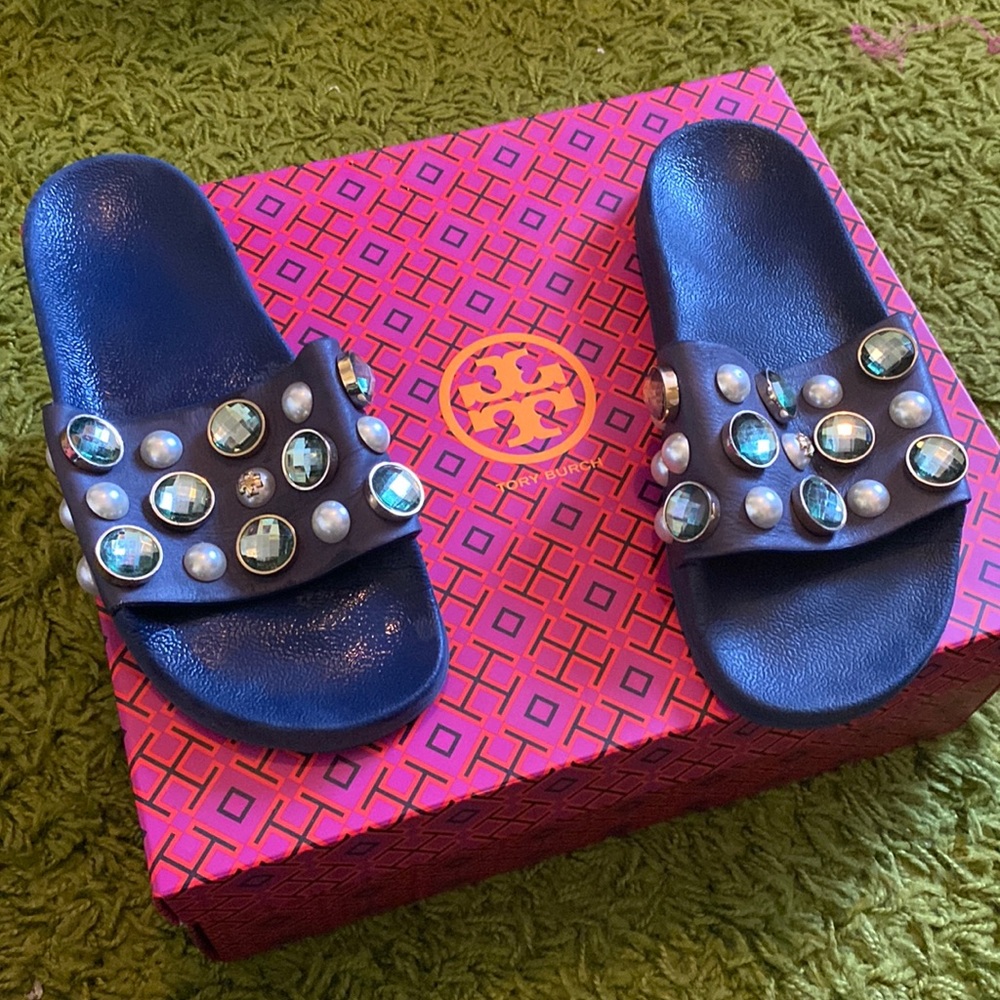 Tory Burch Navy Sandals with Gem Accents